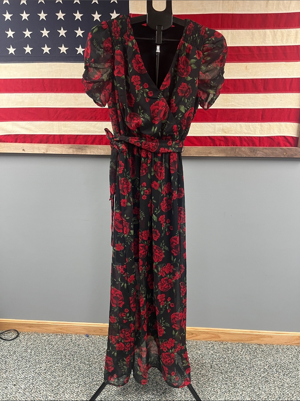 Disney Pixar CoCo Maxi Dress with Red Rose Print and Puff Sleeves